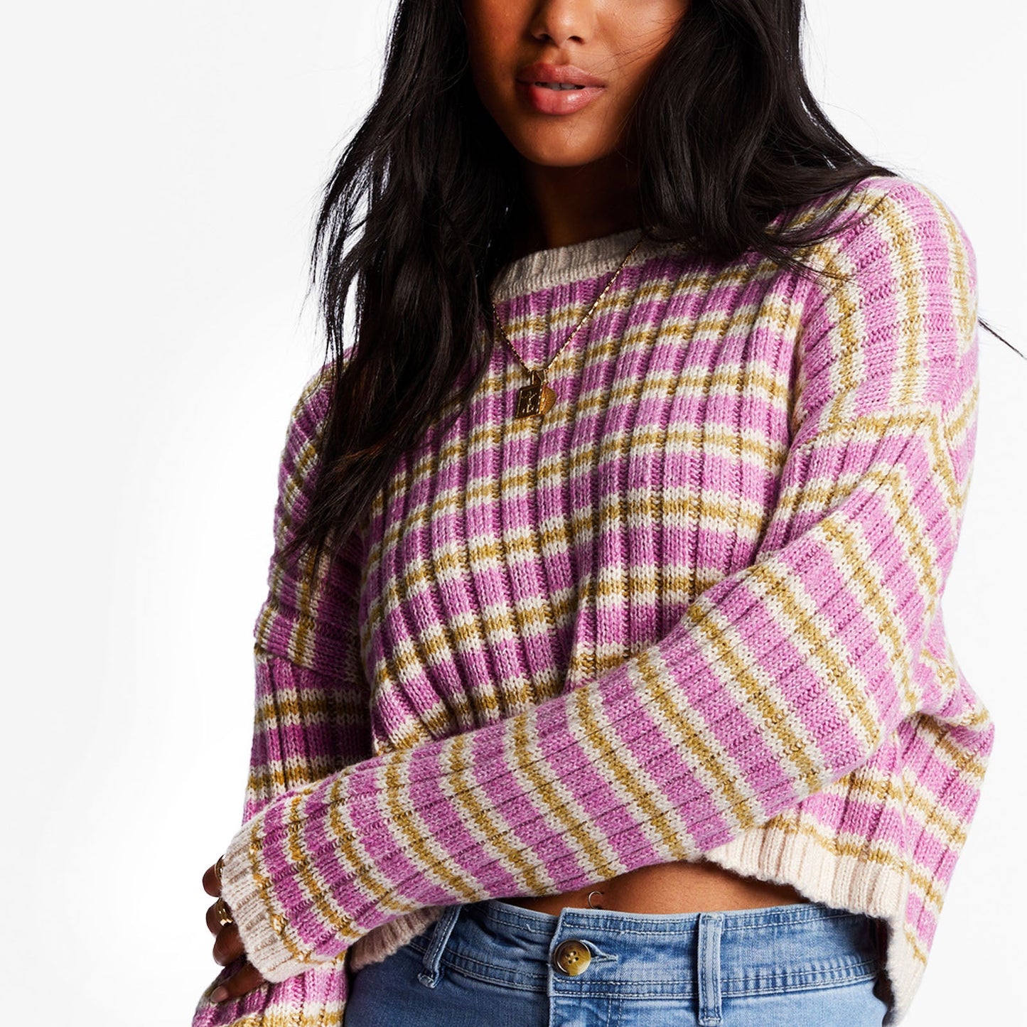 Billabong Womens In A Daze Cropped Striped Jumper - Bright Orchid