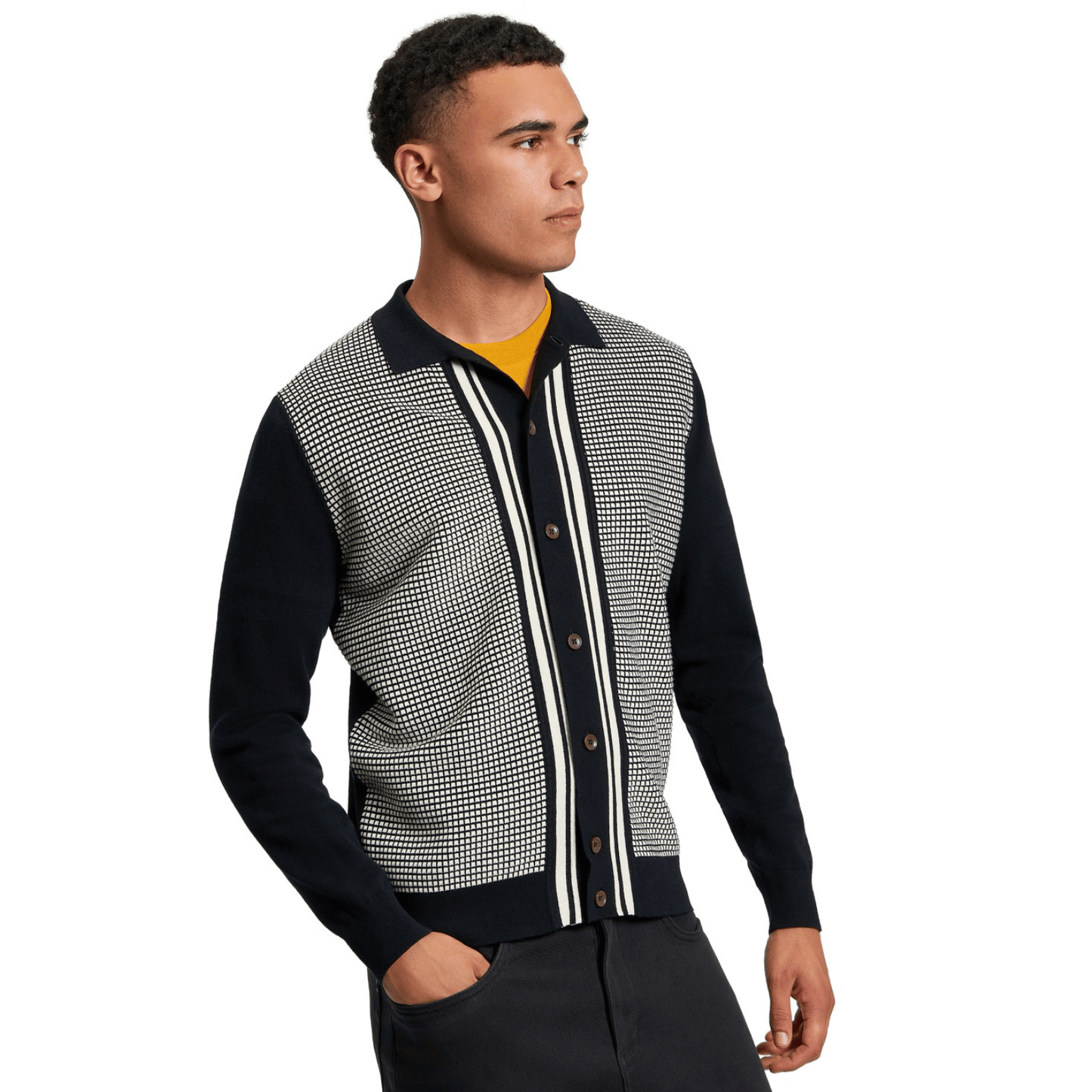Ben Sherman Mens Bicoloured Button Through Long Sleeve Polo Shirt