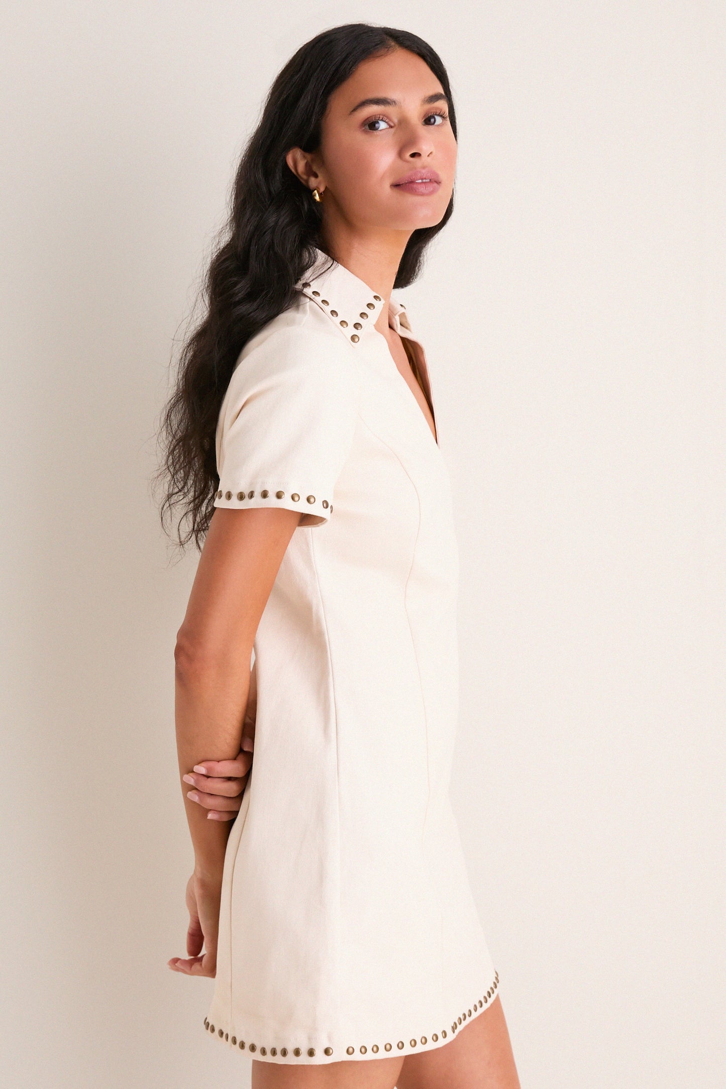Beige Denim Studded Katherine Mini Dress
