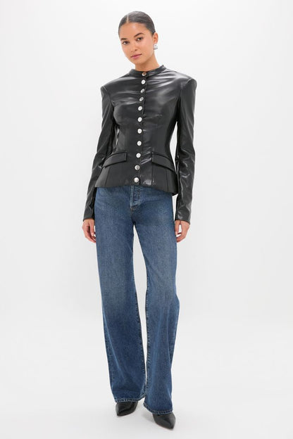 Black Vegan Leather Military Jacket