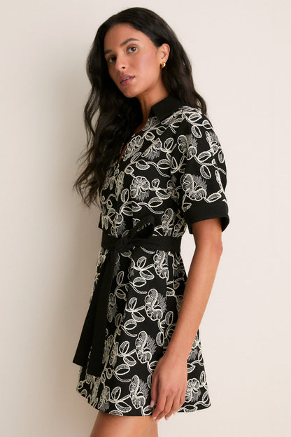 Black & White Embroidered Denim Drew Mini Dress