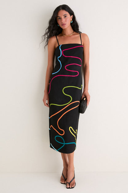 Black Linen & Technicolor Soutache Electra Maxi Dress