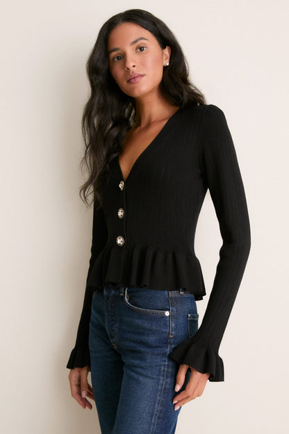 Black Bejeweled Button Sylvia Cardigan