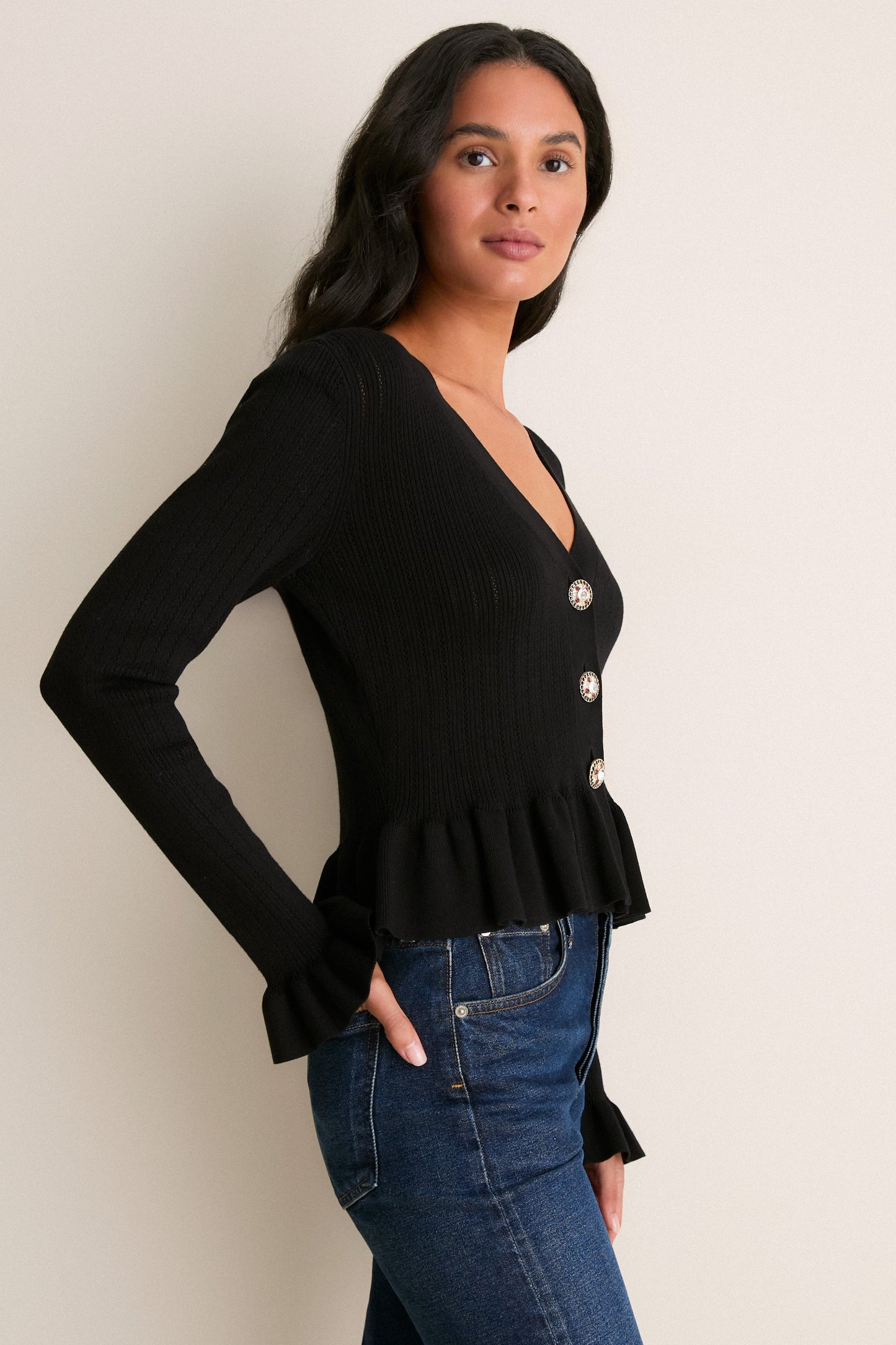 Black Bejeweled Button Sylvia Cardigan