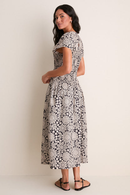 Black & Tan Printed Floral Smocked Rollins Midi Dress