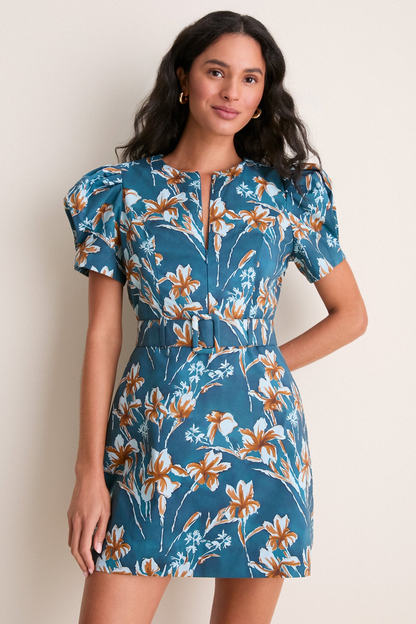 Blue & Brown Floral Liliana Zip Front Mini Dress