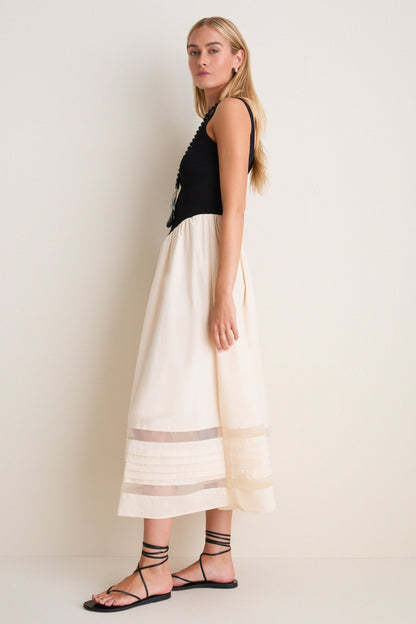 Black Multi Sheer Insert Cotton Knit Twofer Midi Dress