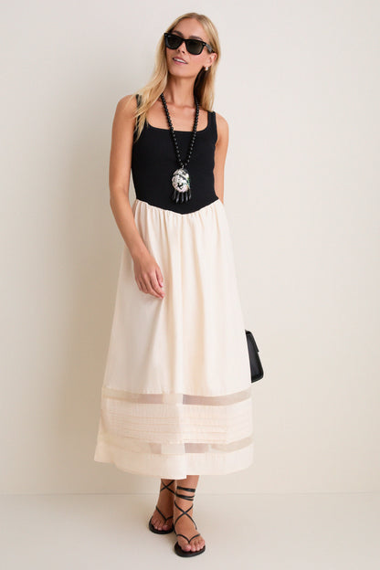 Black Multi Sheer Insert Cotton Knit Twofer Midi Dress