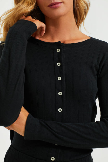 Black Pointelle Classic Crew Cardigan