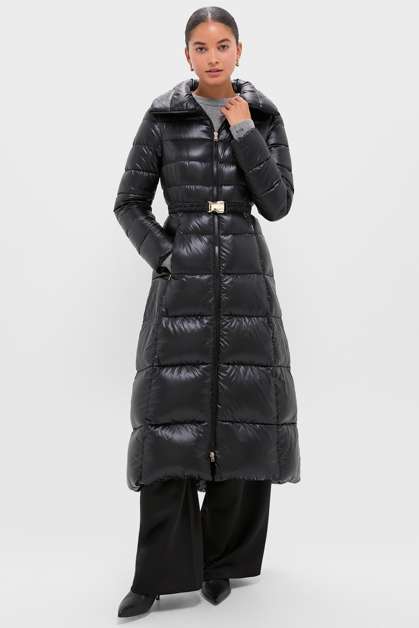 Black Nylon Ultralight Quilted Maxi Coat with Elastic Belt