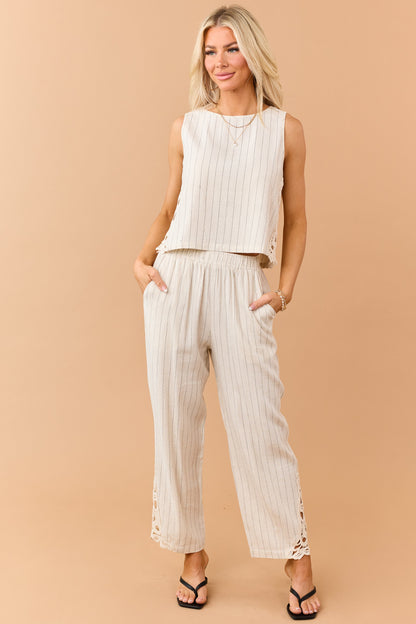 Almond Pinstripe Linen Blend Side Lace Tank Top