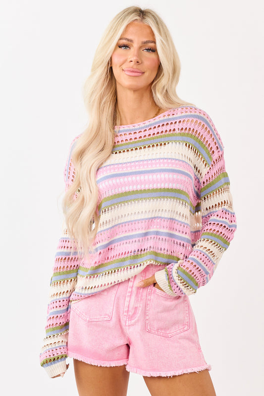 Baby Pink Striped Open Knit Long Sleeve Sweater