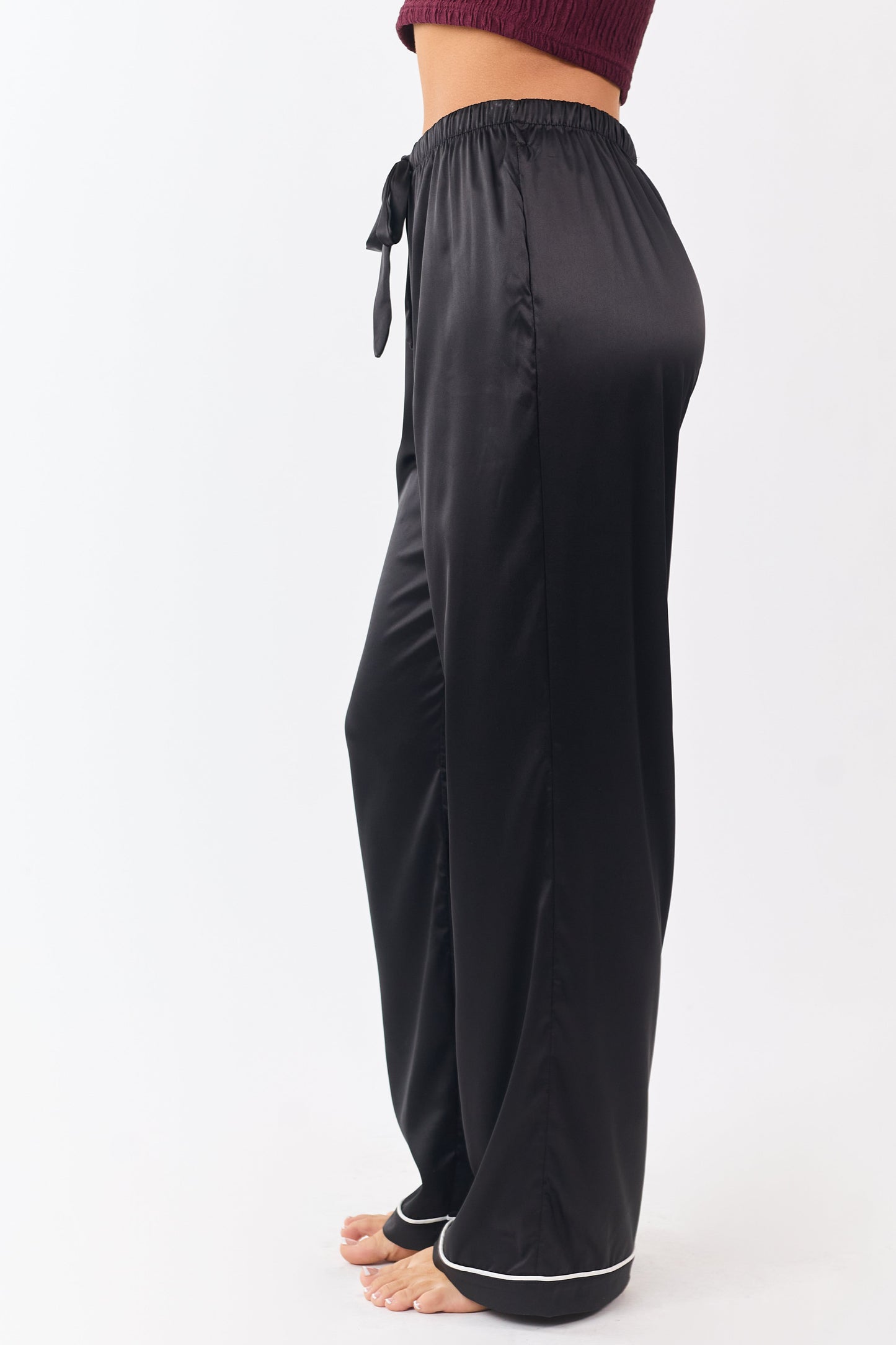Black Satin Wide Leg Drawstring Pajama Pants