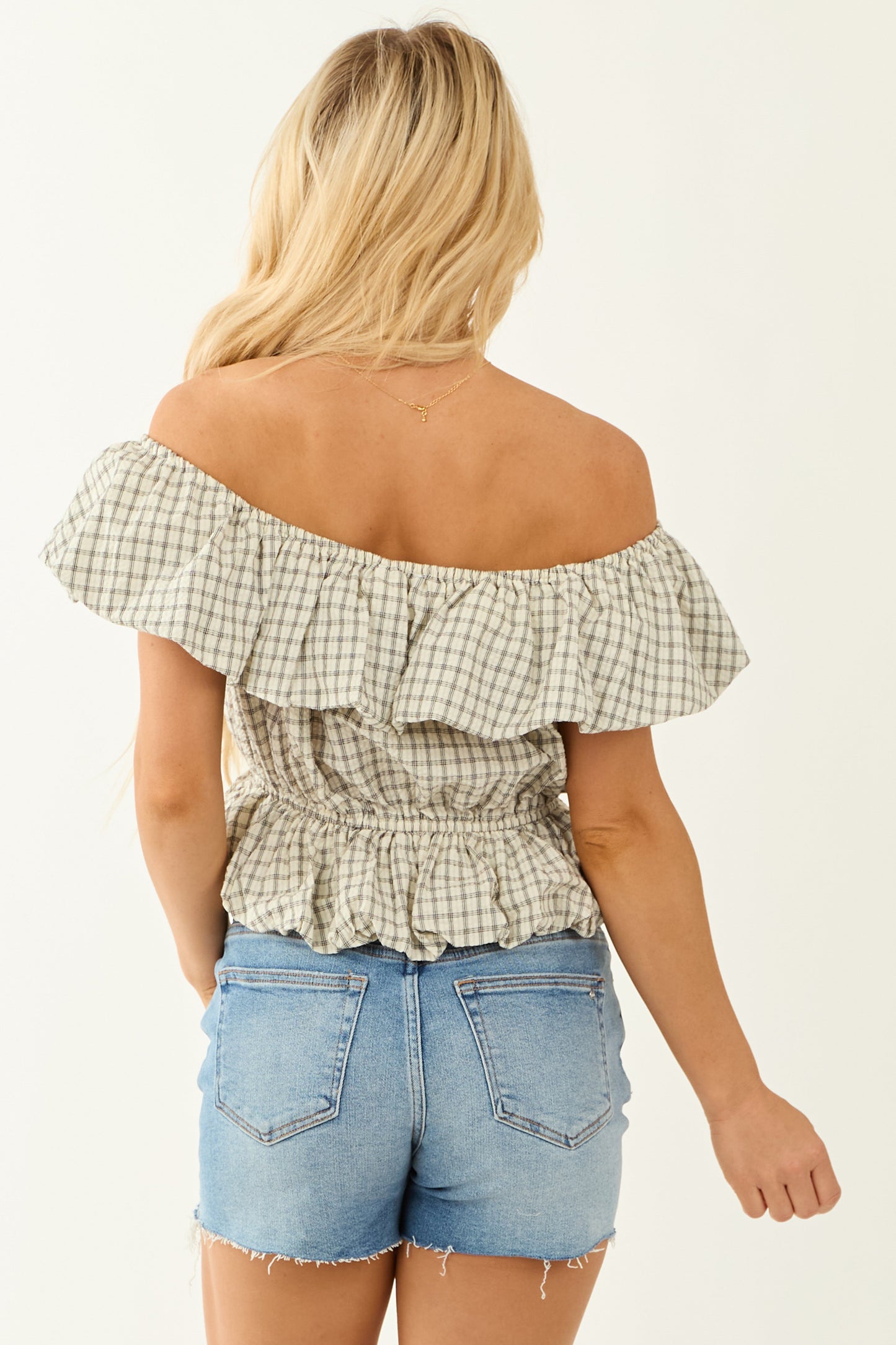 Cream Plaid Off Shoulder Peplum Bubble Hem Top